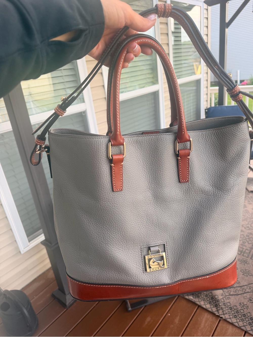 Dooney & Bourke Gray Leather Tote with Brown Trim and Gold Hardware